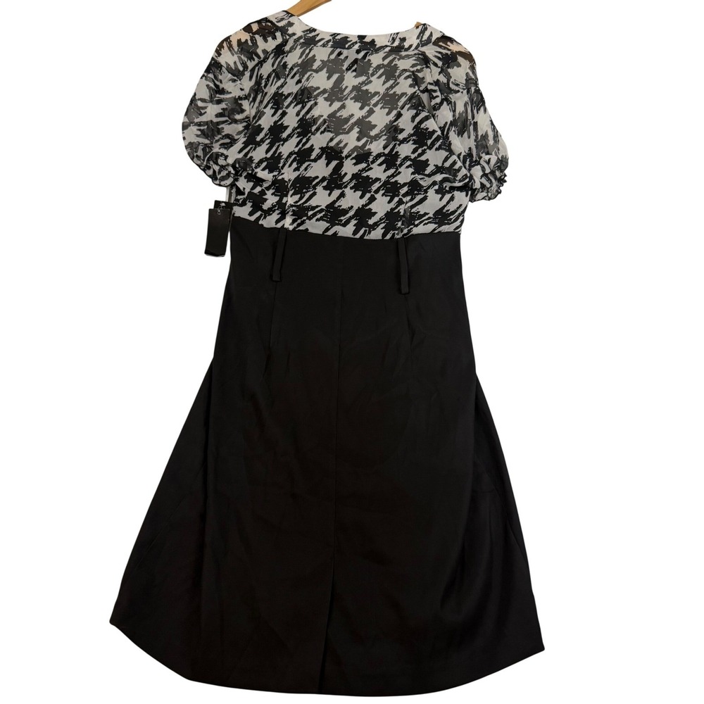 AGB Dress Womens 10 Black White Houndstooth Sheer Bodice Ruffle V-Neck‎ Sheath